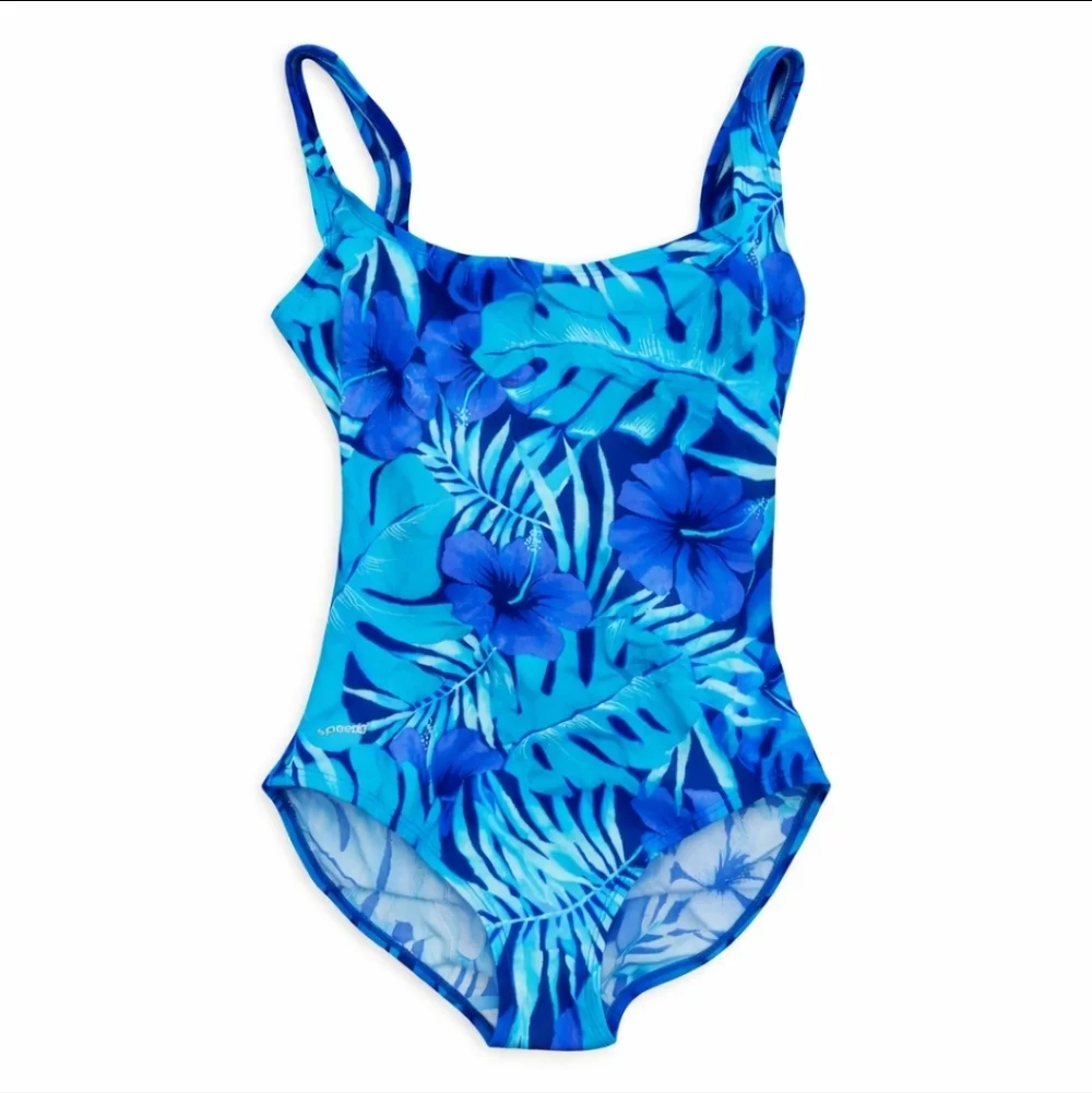 Speedo One Piece Swimsuit Size 8 Blue Tropical Floral Athletic Swim - Picture 3 of 6